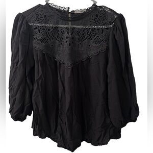 Med Mine Black Puff Sleeve Blouse with Embellished Lace, Boxy Style